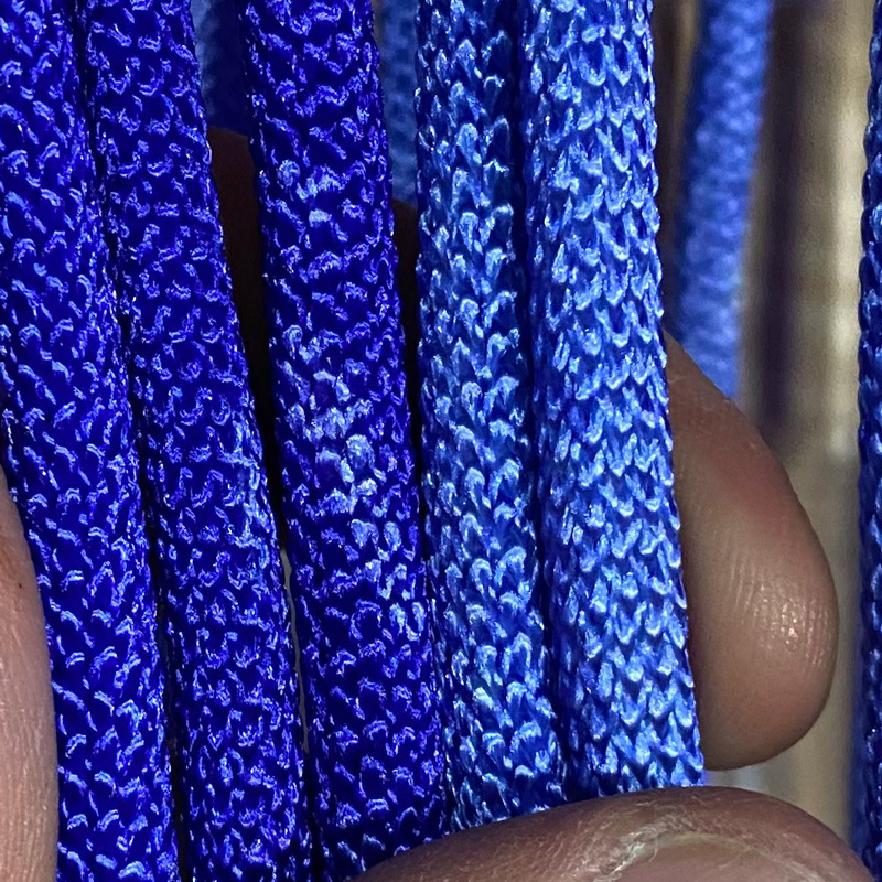Comparison of blue nylon shibari rope to light blue dyed nylon rope