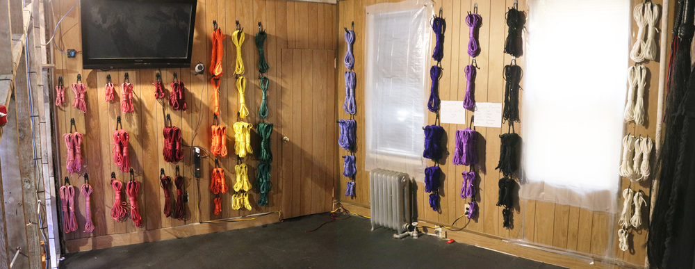 A display of 11 different colors of shibari nylon rope hanging on the wall